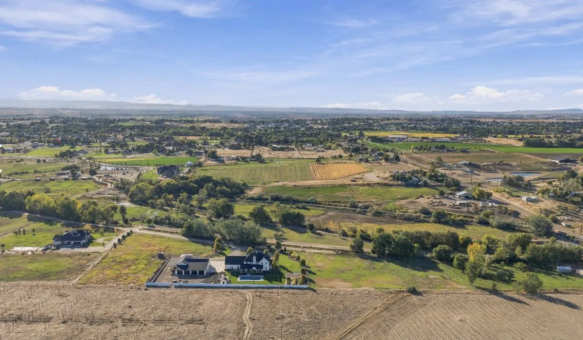 Aerial view of homes and farmland near Caldwell