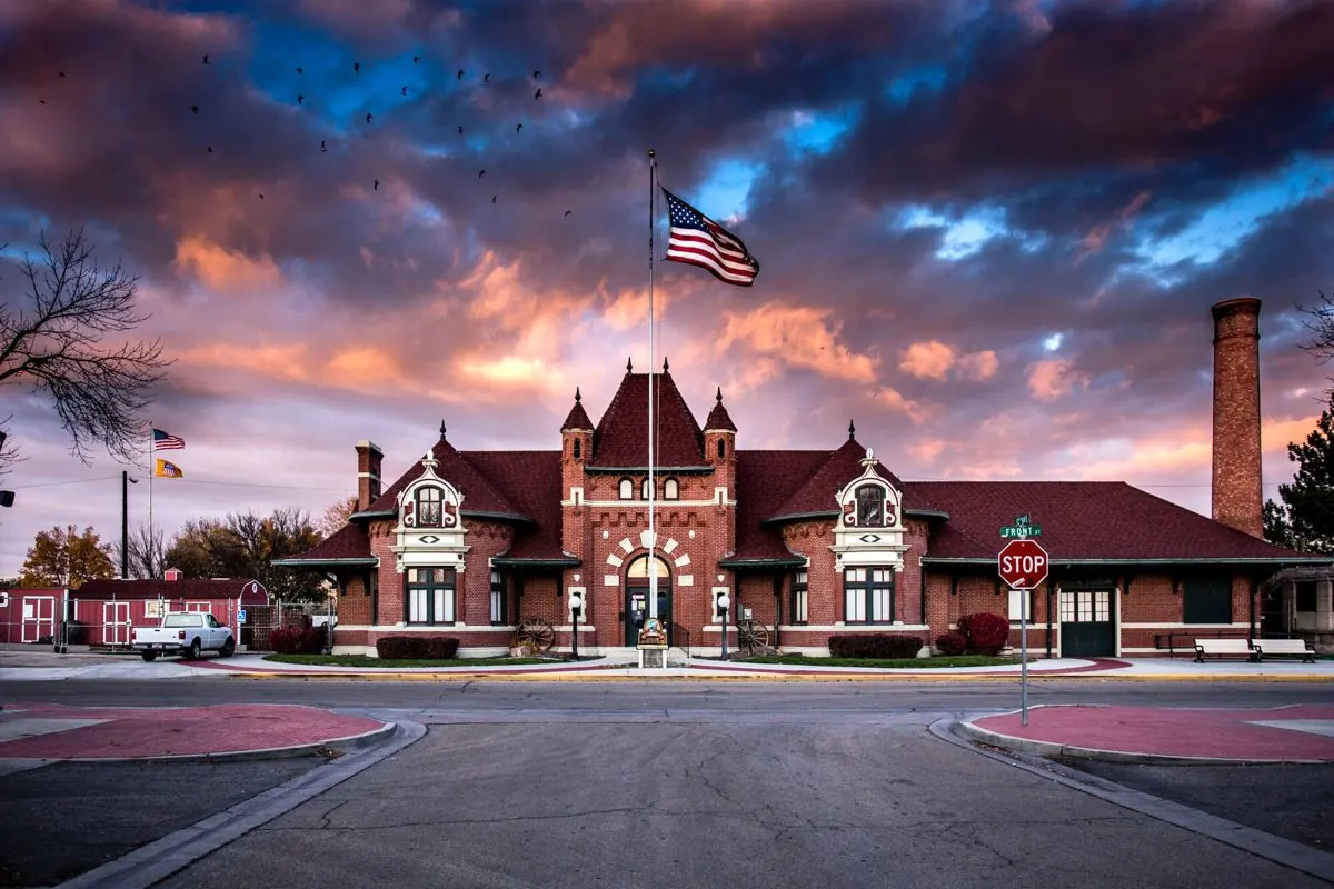 Historic Nampa train depot at sunset