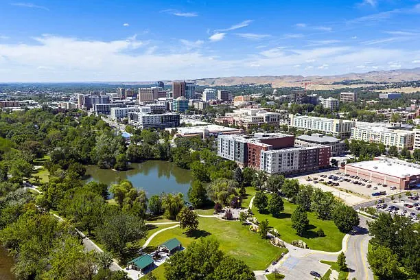 Aerial view of downtown Boise, Julia Davis Park and the foothills