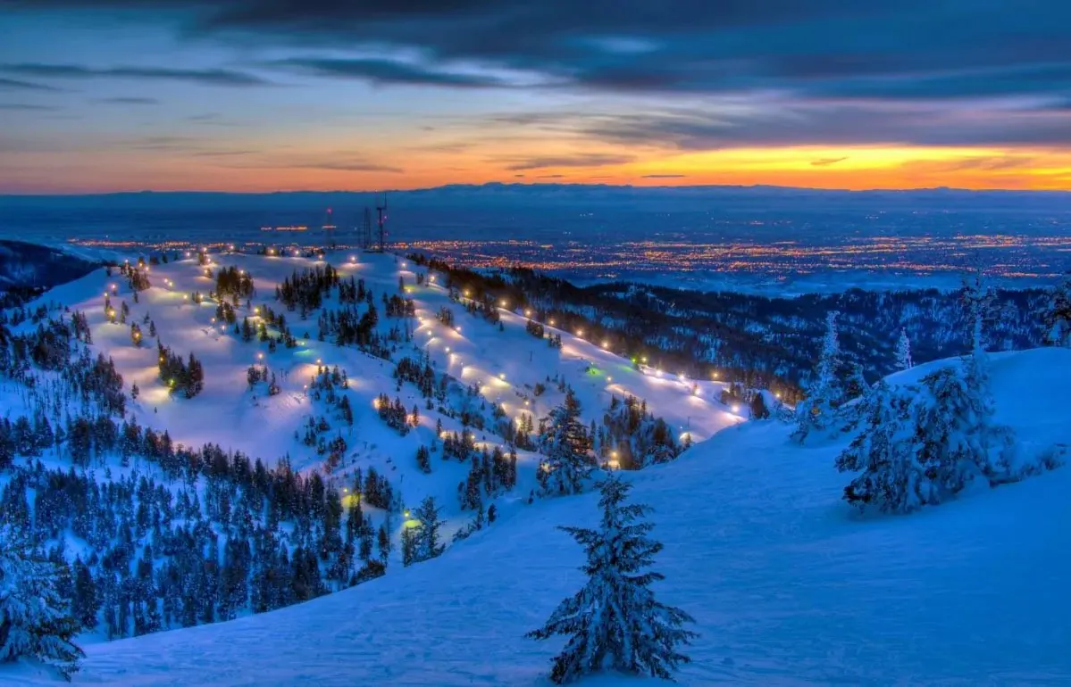 Night skiing lights on Bogus Basin at dusk above the Treasure Valley