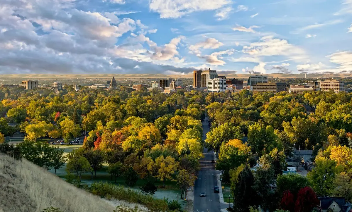 Downtown Boise and tree-lined streets in autumn