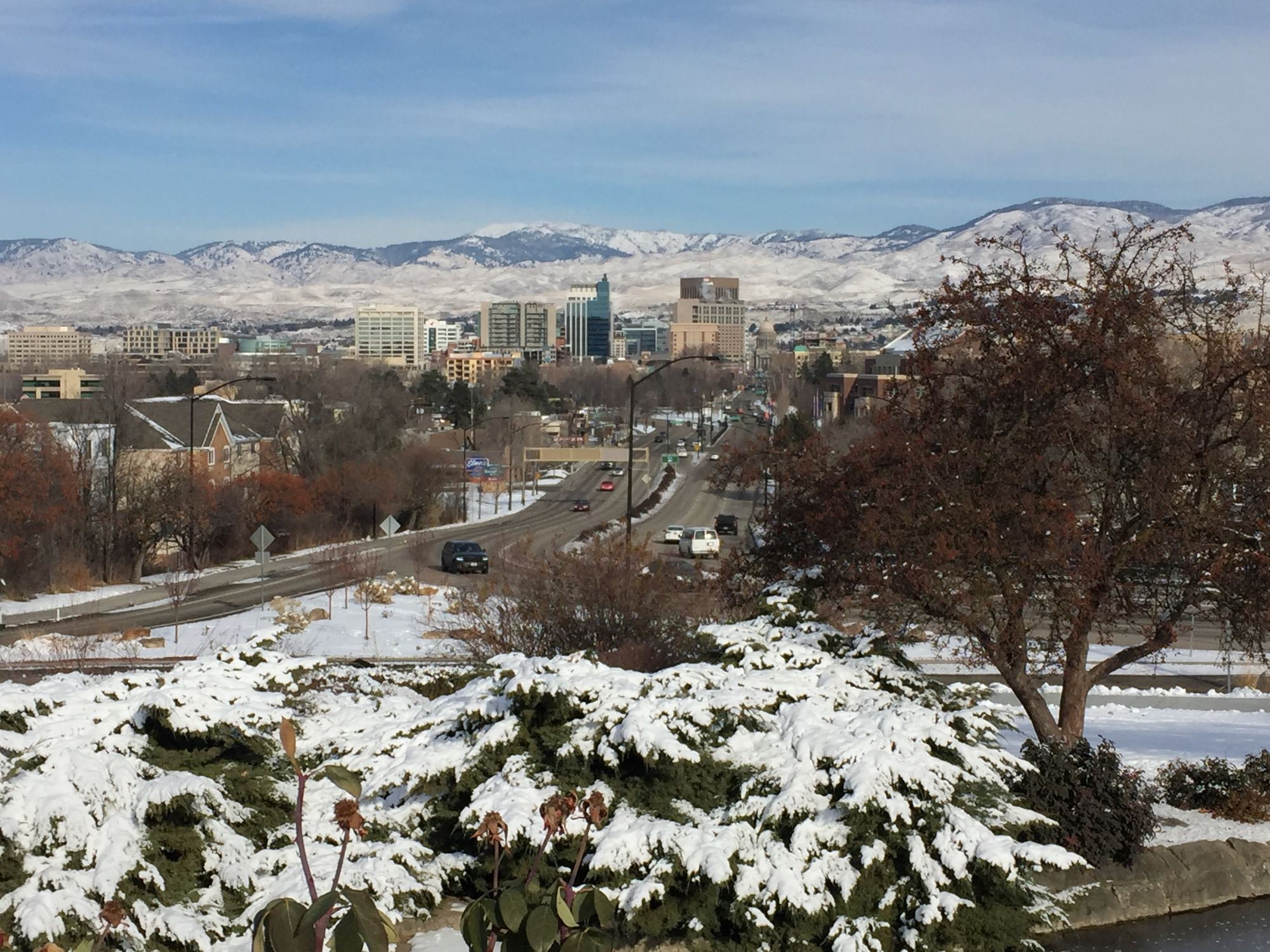 Downtown Boise with the snow-dusted Foothills behind