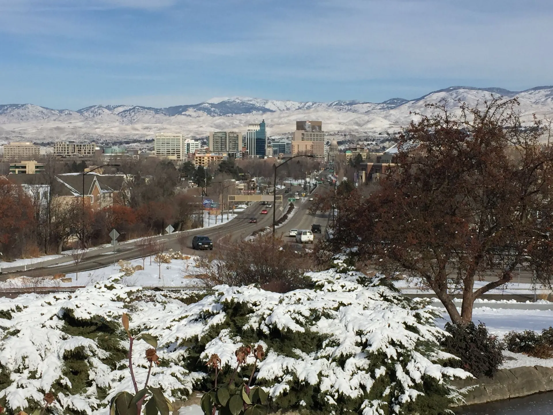 Downtown Boise with the snow-dusted Foothills behind