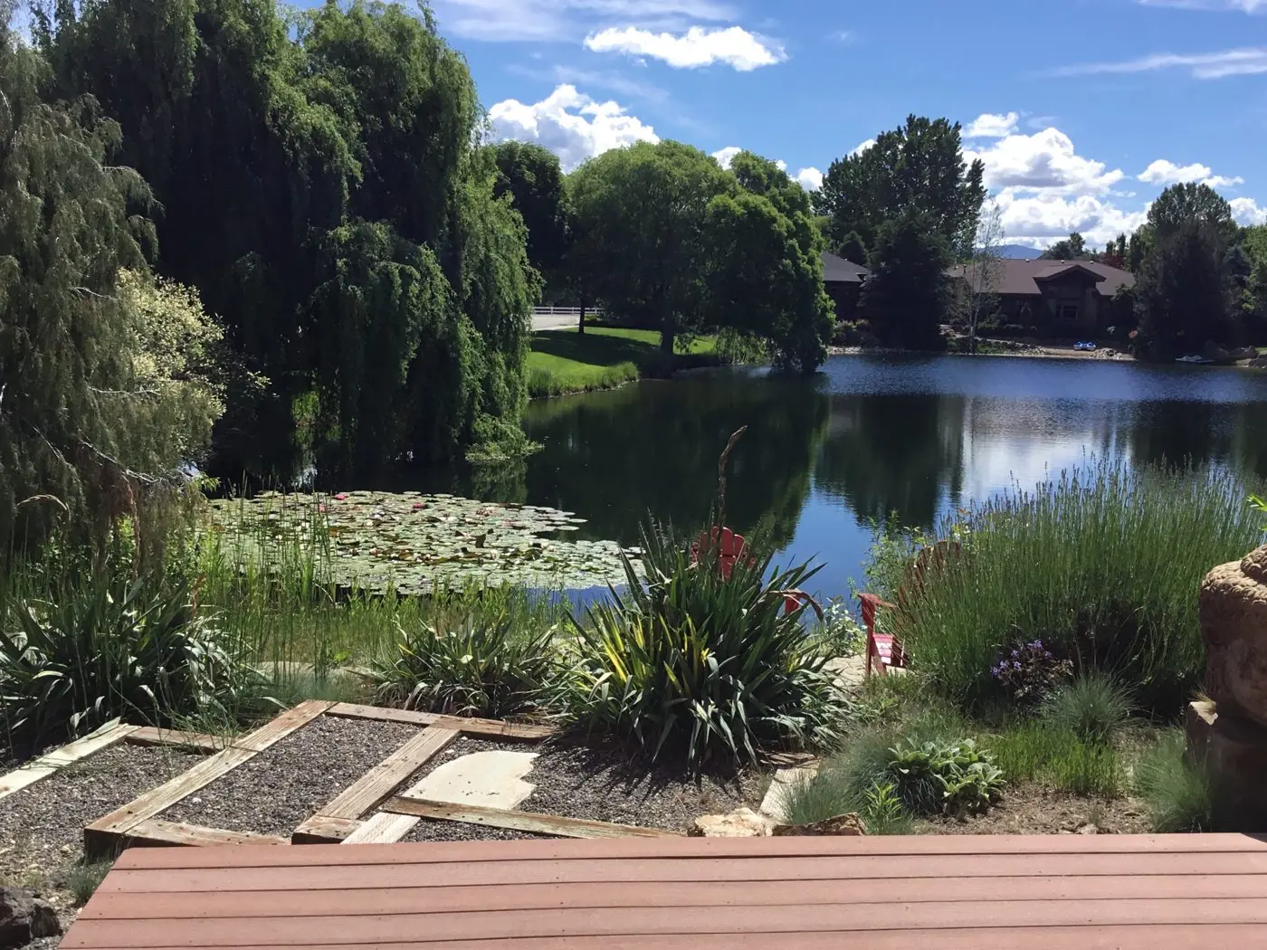 Garden patio with raised beds overlooking a quiet pond