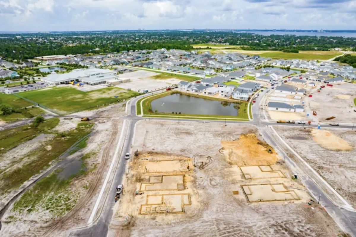 Aerial view of a new-construction community being built