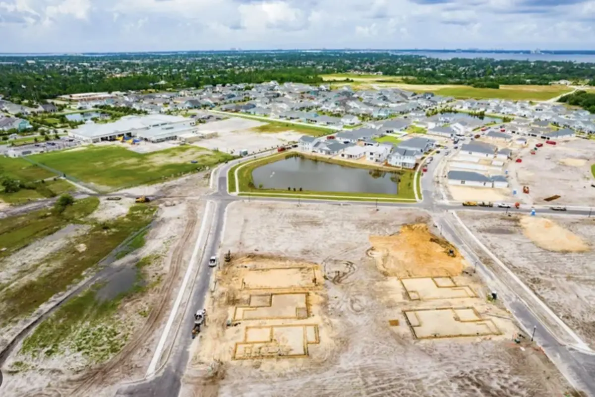 Aerial view of a new-construction community being built