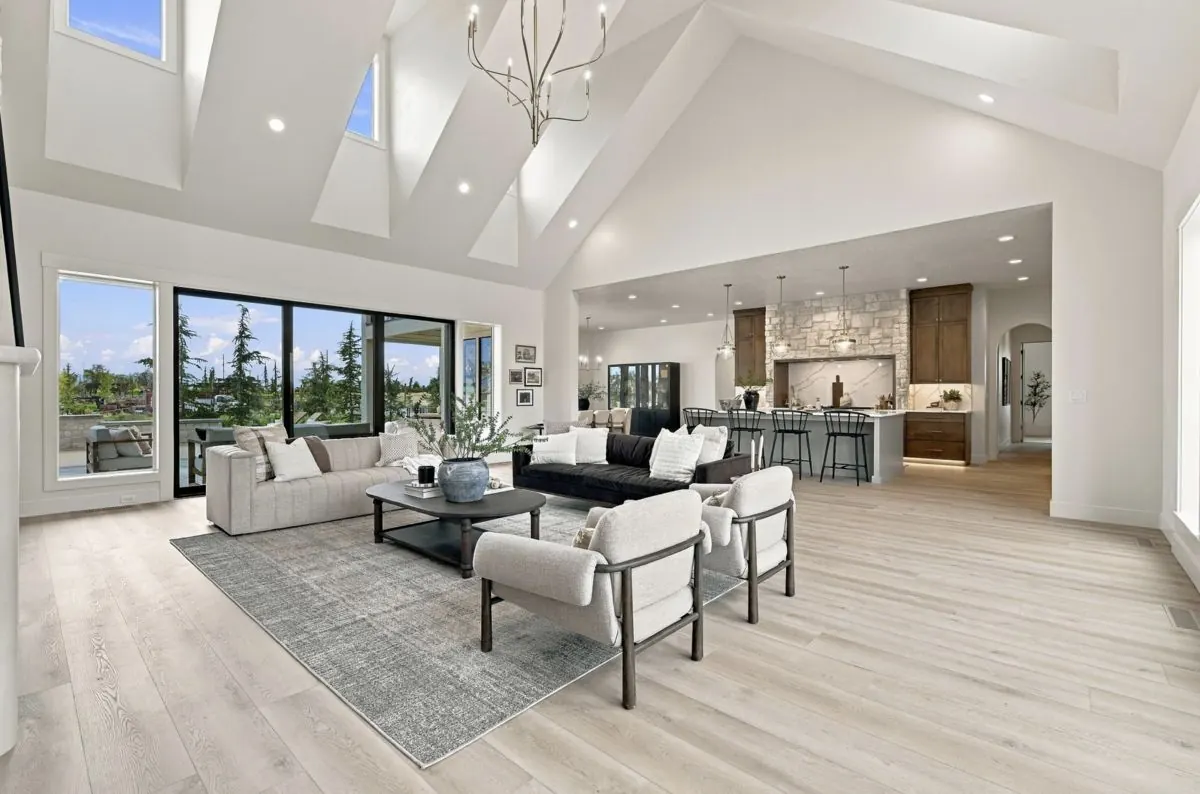 Vaulted great room with walls of windows