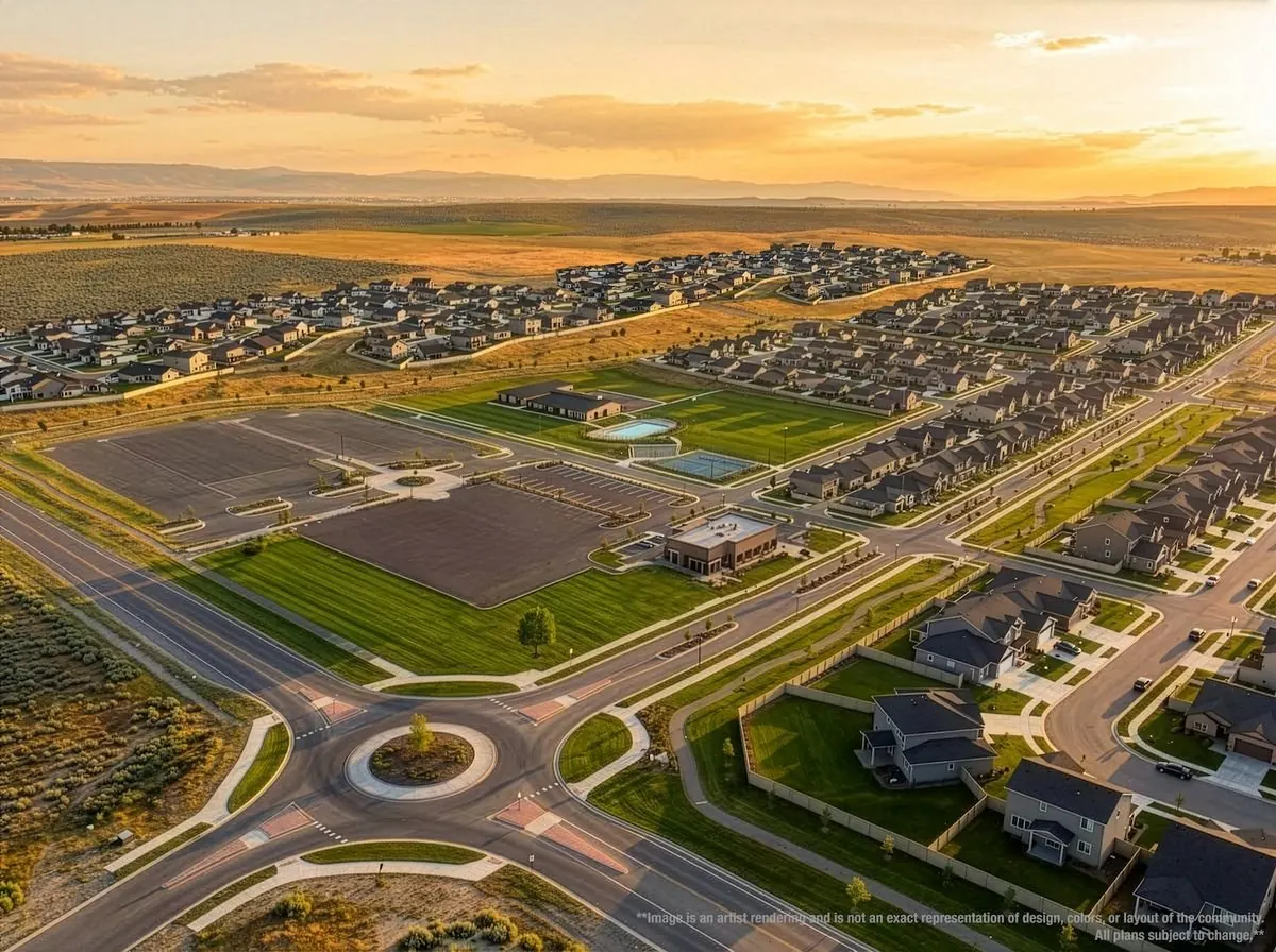Builder's artist rendering of the planned Mayfield Springs community at sunset