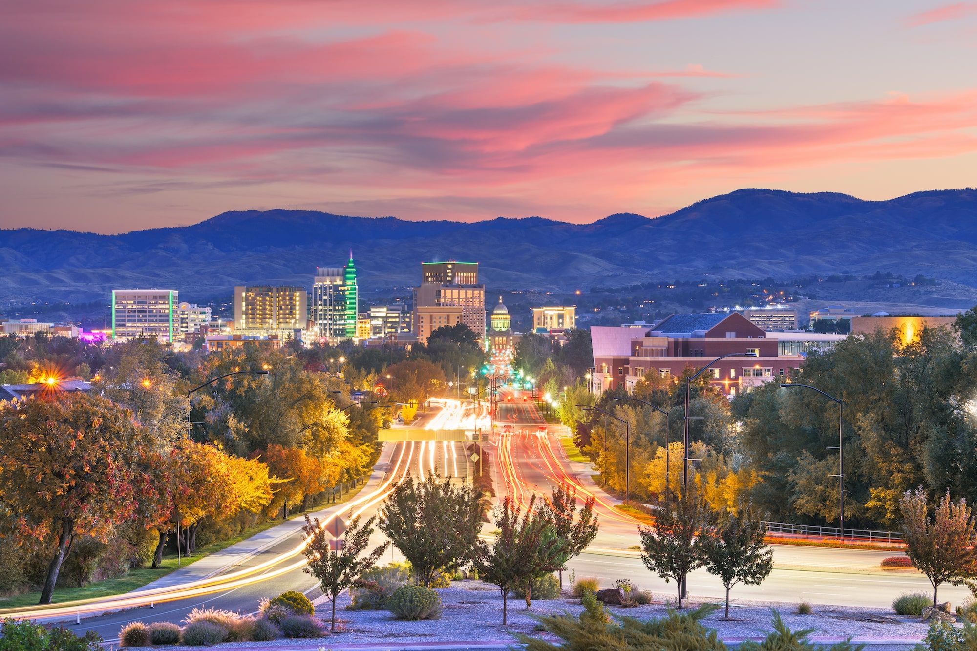 Downtown Boise skyline at sunset